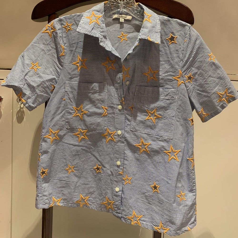 Madewell Blue/Yellow Star and Striped Short Sleeve Button Down (XXS)